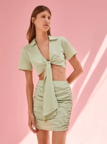 SHEIN Unity Áo nữ Thắt nơ trước màu trơn Gợi cảm - Màu xanh Bạc hà - Xem 5