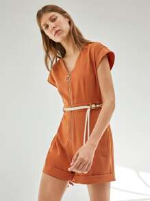 SHEIN Unity 拉鍊門襟前蝙蝠翼袖束帶連身衣 - 紅色 - 查看 4