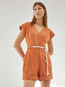 SHEIN Unity 拉鍊門襟前蝙蝠翼袖束帶連身衣 - 紅色 - 查看 5