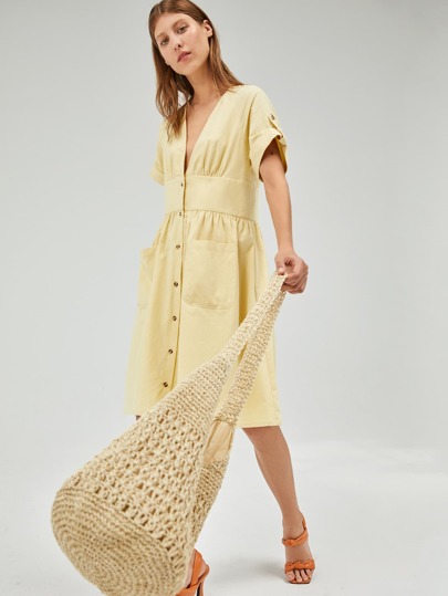 SHEIN V-neck Roll Tab Sleeve Patch Pocket Dress