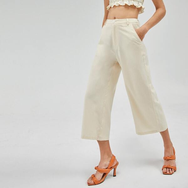 

Zipper Fly Solid Palazzo Crop Pants, Beige
