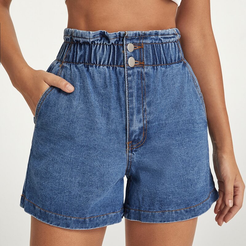 

Cow Print Paperbag Waist Button Fly Denim Shorts, Medium wash