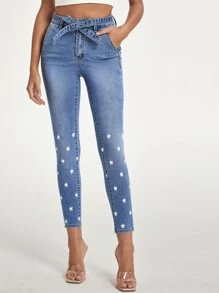 Star Print Belted Skinny Jeans