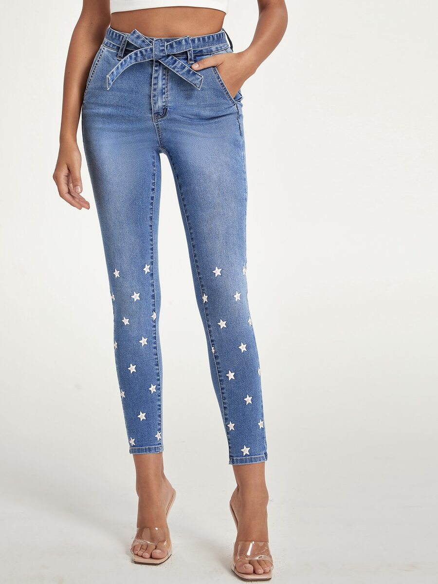 Star Print Belted Skinny Jeans