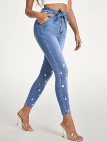 Star Print Belted Skinny Jeans