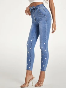 Star Print Belted Skinny Jeans