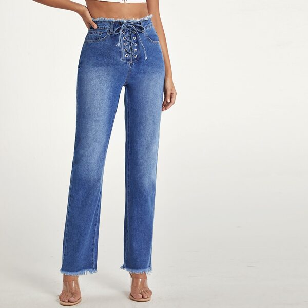

Lace Up Raw Hem Straight Leg Jeans, Medium wash