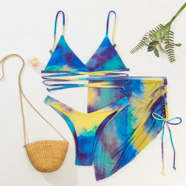 

3pack Tie Dye Bikini Swimsuit & Cover Up, Multicolor