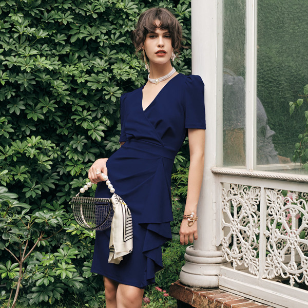 

Surplice Neck Puff Sleeve Draped Dress, Navy blue