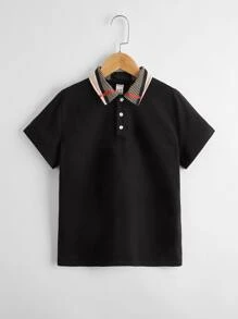 SHEIN Áo có cổ Trai Tương phản ren Sọc Giải trí - màu đen - Xem 1