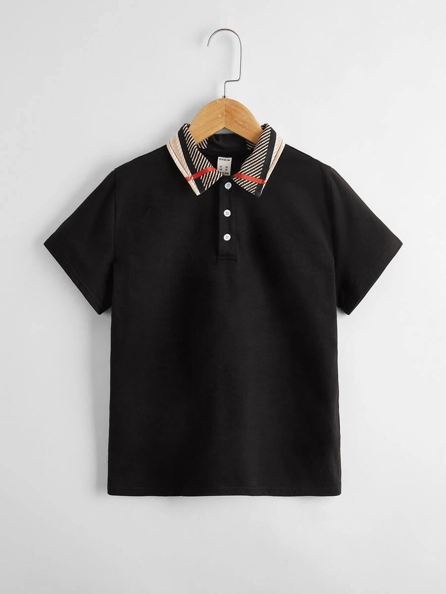 SHEIN Áo có cổ Trai Tương phản ren Sọc Giải trí - màu đen - Xem 1