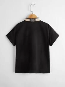 SHEIN Áo có cổ Trai Tương phản ren Sọc Giải trí - màu đen - Xem 2