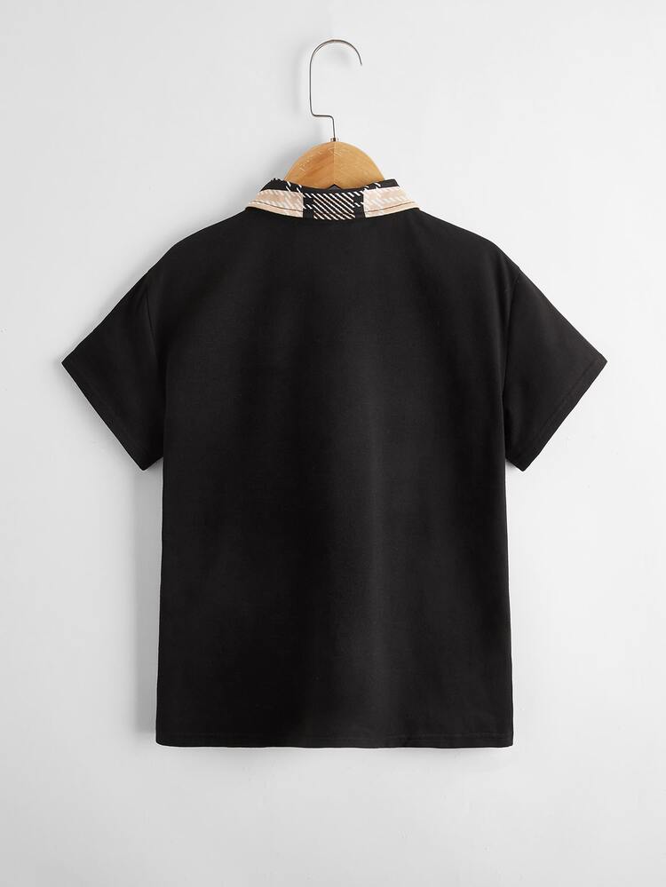 SHEIN Áo có cổ Trai Tương phản ren Sọc Giải trí - màu đen - Xem 2