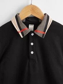 SHEIN Áo có cổ Trai Tương phản ren Sọc Giải trí - màu đen - Xem 4