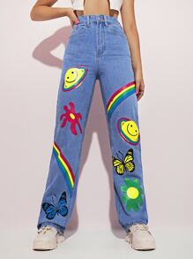 High Waist Cartoon Graphic Straight Jeans - Light Wash - View 1
