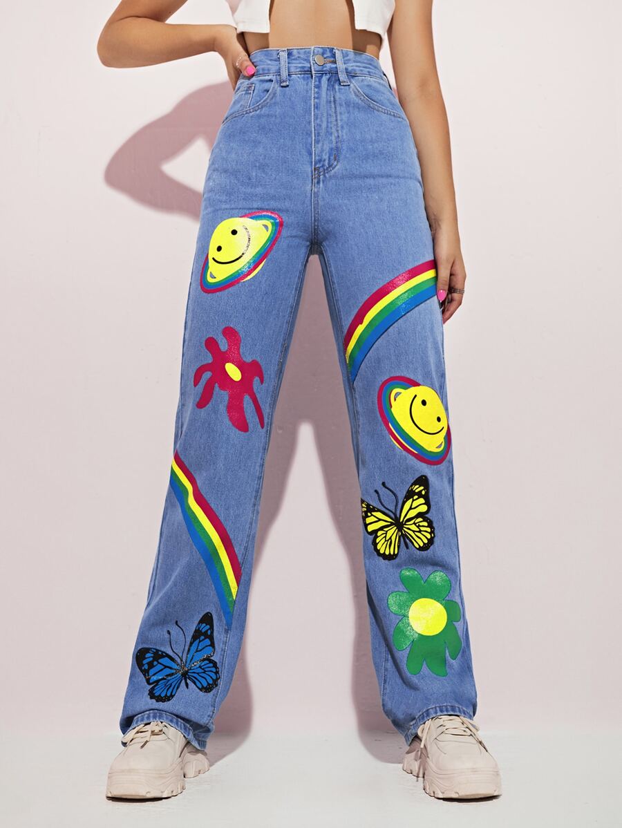 High Waist Cartoon Graphic Straight Jeans - Light Wash - View 1