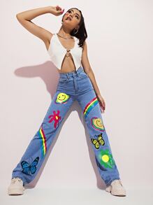 High Waist Cartoon Graphic Straight Jeans - Light Wash - View 3