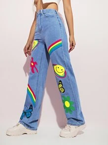 High Waist Cartoon Graphic Straight Jeans - Light Wash - View 4
