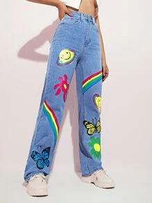 High Waist Cartoon Graphic Straight Jeans - Light Wash - View 5