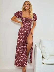 PARTHEA Women's Petal Sleeve High Slit Ditsy Floral Dress - Burgundy - View 5