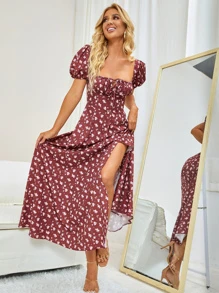 PARTHEA Women's Petal Sleeve High Slit Ditsy Floral Dress - Burgundy - View 7