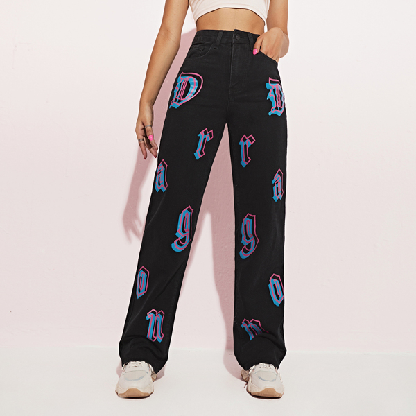 

High Waist Letter Graphic Jeans, Black