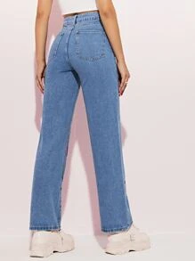 SHEIN EZwear 高腰恐龍圖案牛仔褲 - 中等水洗藍 - 查看 2