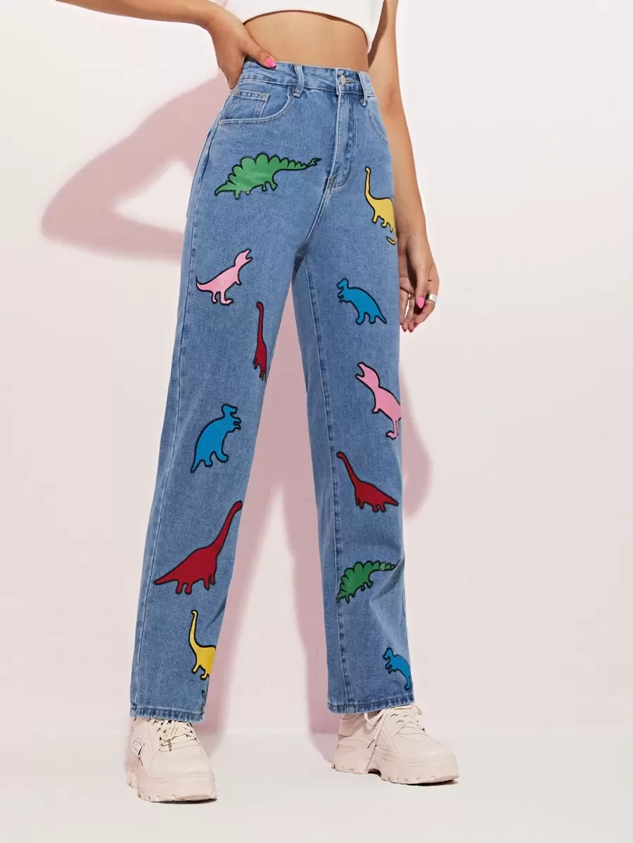 SHEIN EZwear 高腰恐龍圖案牛仔褲 - 中等水洗藍 - 查看 1