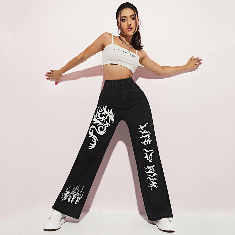 

Chinese Dragon & Graphic Print Jeans, Black