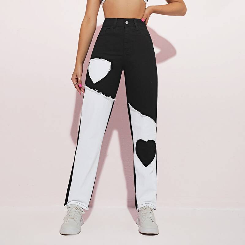 

Heart Patchwork Spliced Jeans, Black and white