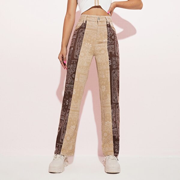 

Paisley Print Spliced Jeans, Multicolor