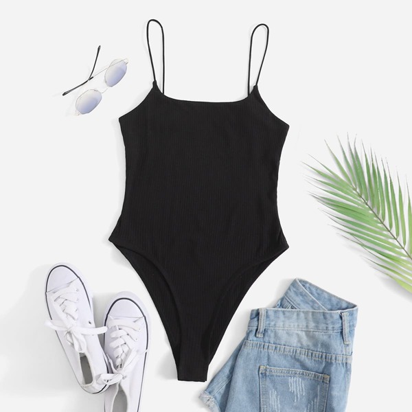 

Rib-knit Solid Cami Bodysuit, Black