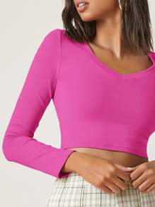 SHEIN BASICS Cotton V-Neck Crop Top - Hot Pink - View 4