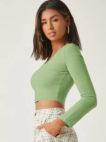 SHEIN BASICS Top crop algodón escote V - verde menta - Ver 3