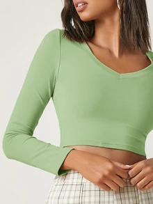 SHEIN BASICS Top crop algodón escote V - verde menta - Ver 4