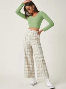 SHEIN BASICS Top crop algodón escote V - verde menta - Ver 5