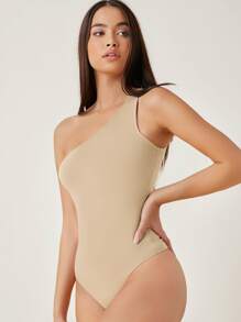 SHEIN BASICS Cotton One Shoulder Solid Bodysuit - Apricot - View 4