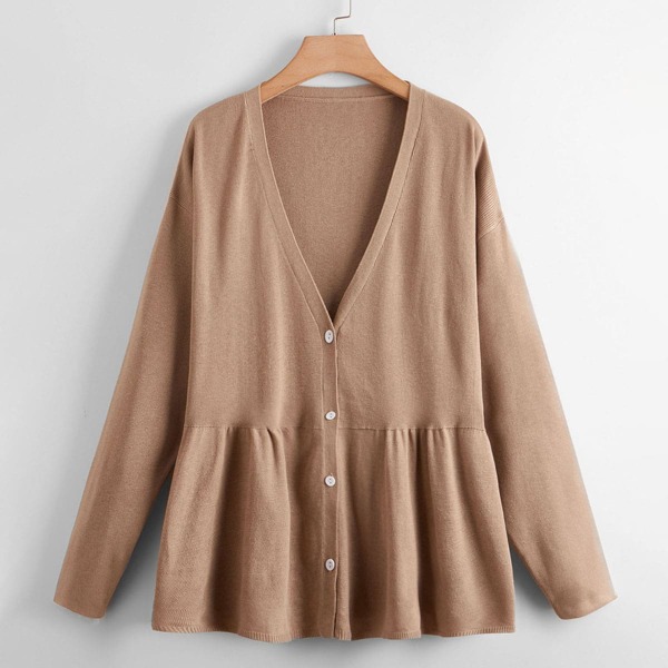 

Plus Button Front Ruffle Hem Cardigan, Camel