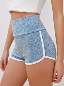 SHEIN EZwear 寬腰帶拼接滾邊雜色針織短褲 - 藍色 - 查看 3