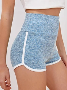 SHEIN EZwear 寬腰帶拼接滾邊雜色針織短褲 - 藍色 - 查看 5