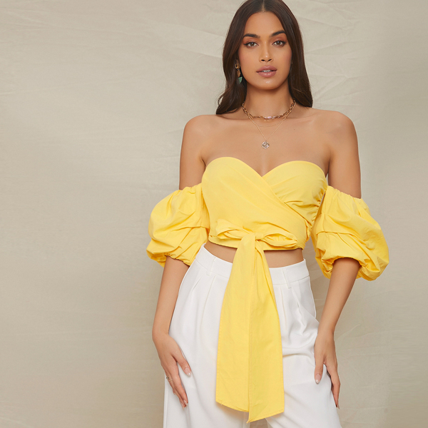 

Off Shoulder Puff Sleeve Cross Wrap Tie Front Crop Top, Yellow