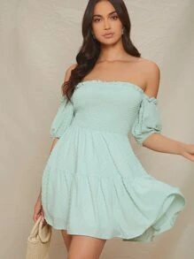 SHEIN 露肩泡泡袖打褶細節連衣裙 - 薄荷綠 - 查看 4