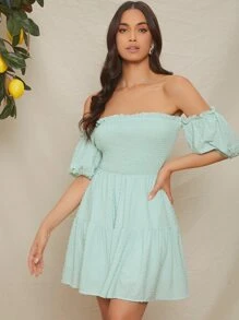 SHEIN 露肩泡泡袖打褶細節連衣裙 - 薄荷綠 - 查看 5