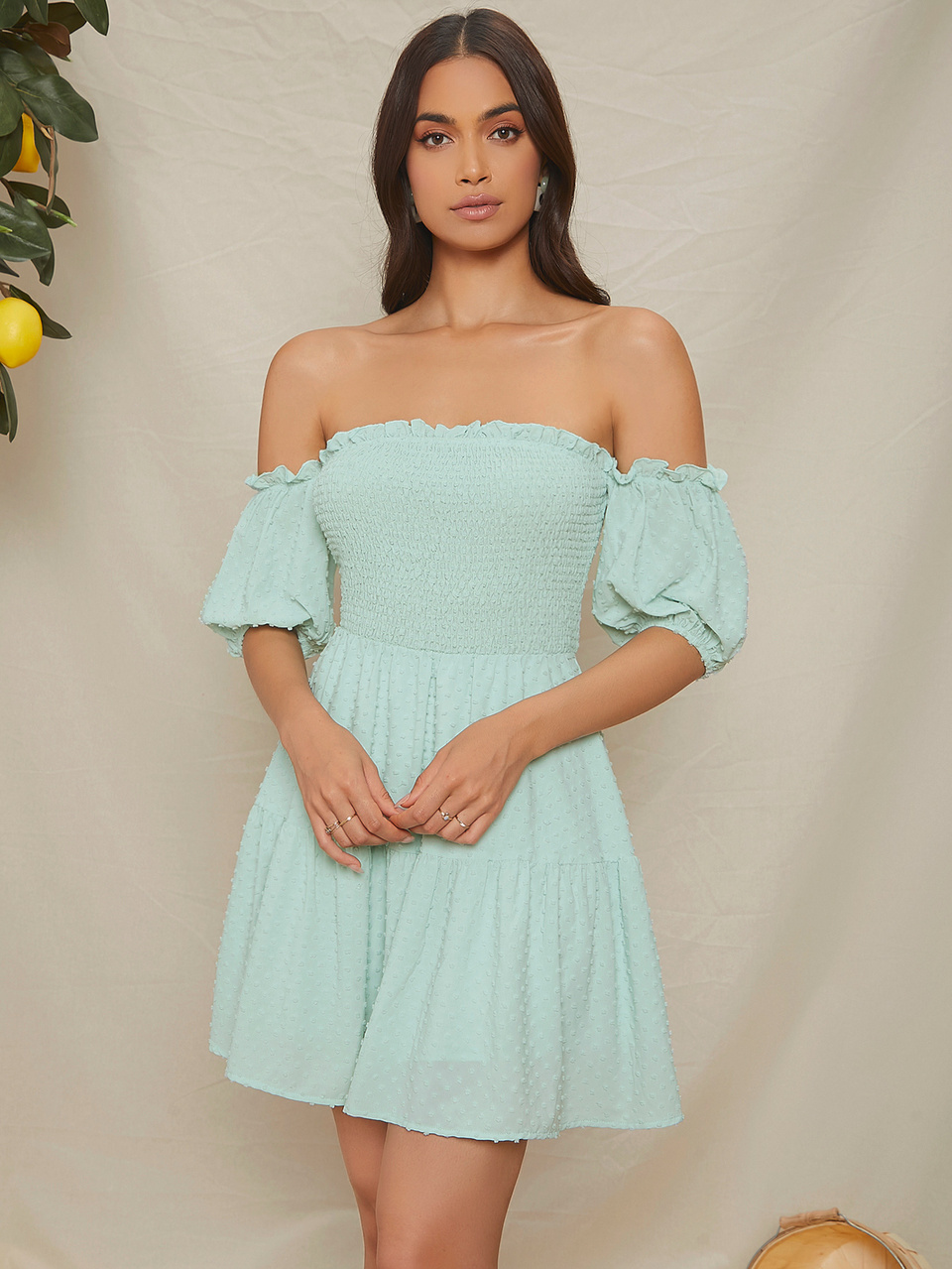 Off Shoulder Puff Sleeve Shirred Detail Dress