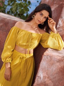 SHEIN Top corto de hombros descubiertos con nudo de manga farol