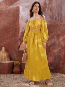 SHEIN Top corto de hombros descubiertos con nudo de manga farol
