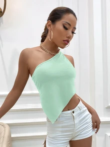 One Shoulder Tie Back Top - Mint Green - View 3