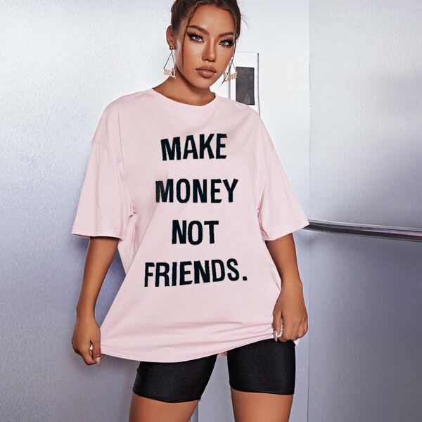 

Drop Shoulder Slogan Graphic Tee, Baby pink