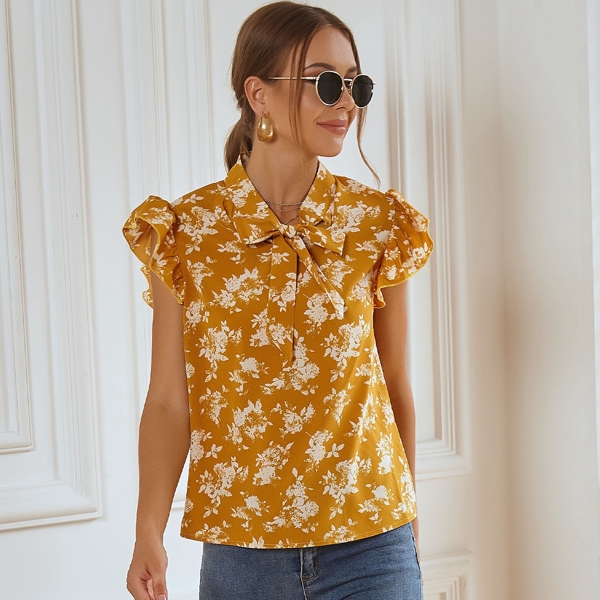 

Floral Print Tie Neck Top, Mustard yellow