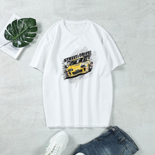 

Men Car & Letter Graphic Tee, White